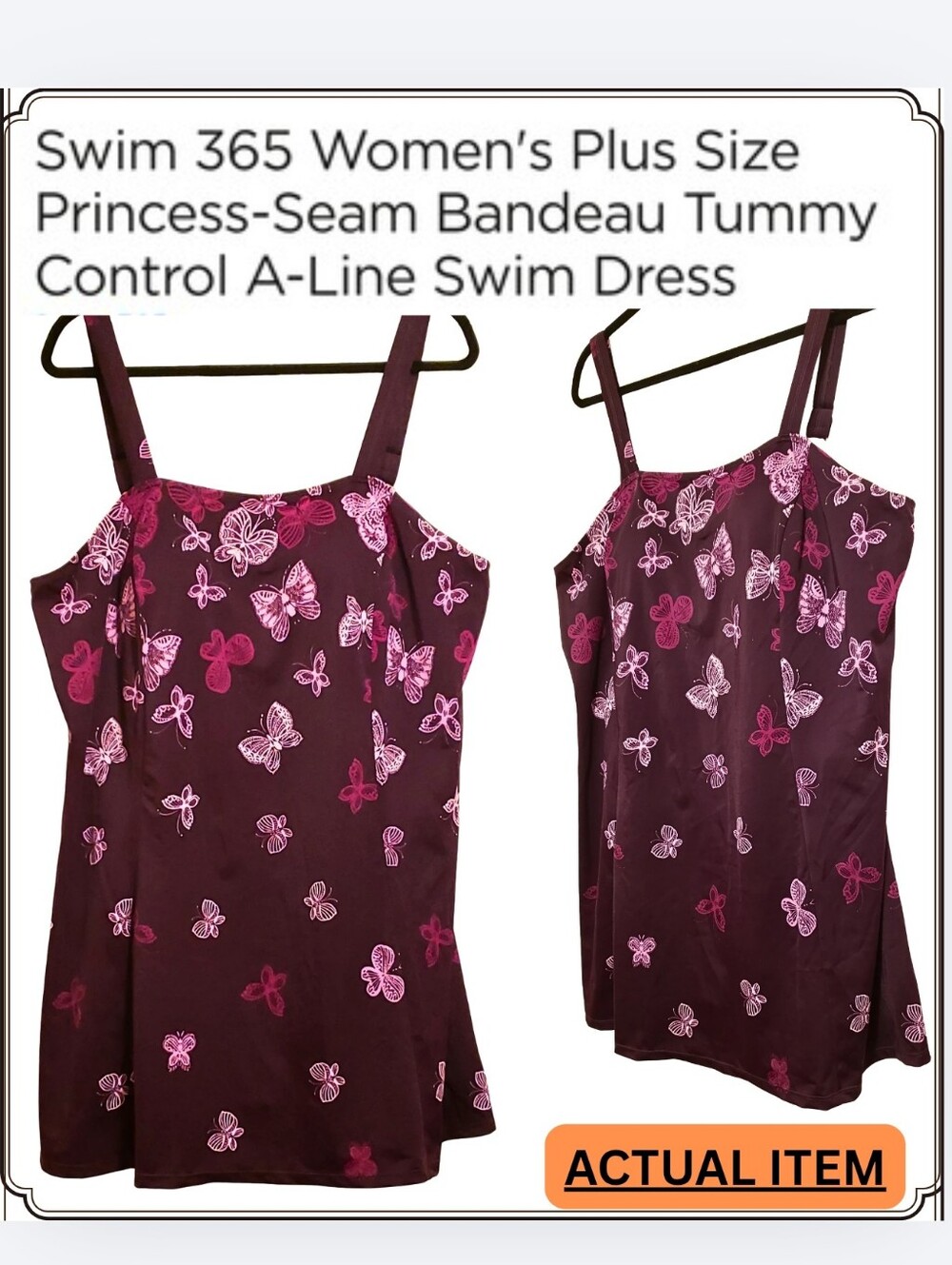 NWOT/Swim 365- Bandeau A-Line Swim Dress - Burgundy & Pink Butterflies  24W